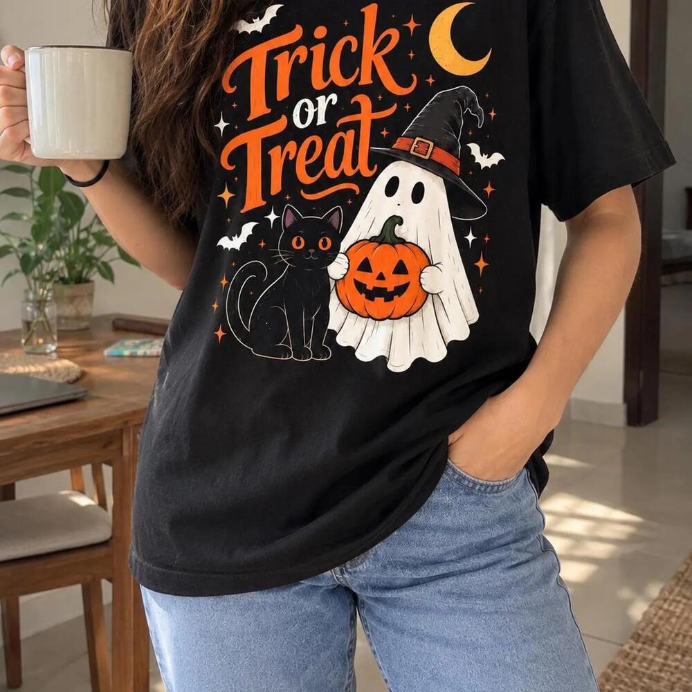 Black Halloween T-Shirt, Spooky Graphic Tee, Pumpkin Ghost Witch Cat Shirt
